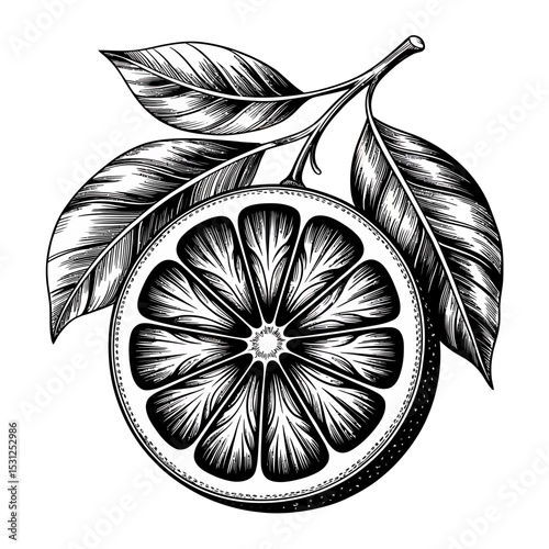 A Black and White Detailed Botanical Illustration of a Citrus Fruit