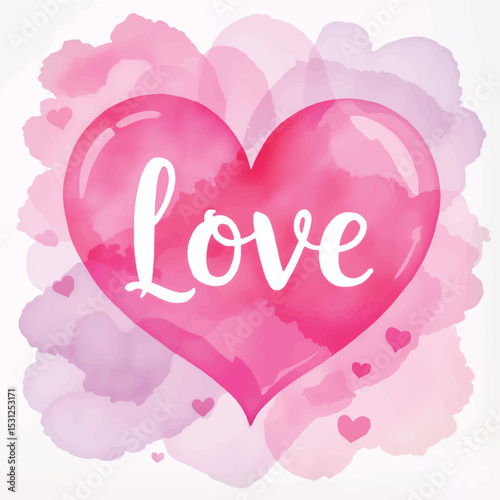 Watercolor heart with love text on pink background