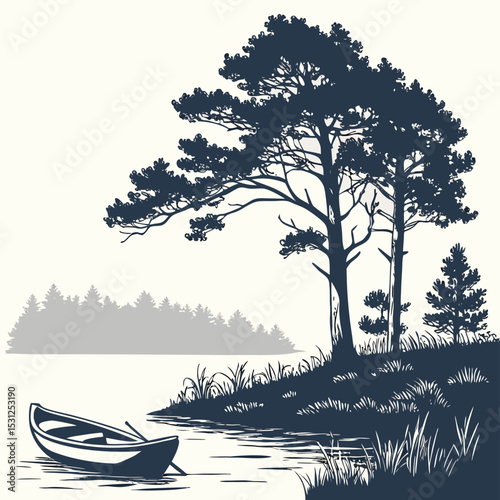 Serene Lakeside Silhouette: A tranquil lakeside scene, with a rowboat gently moored in the foreground, framed by tall, elegant trees and distant forests, evokes peace and tranquility.