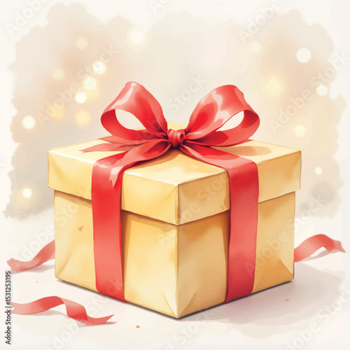 Gift box with red ribbon on soft bokeh background