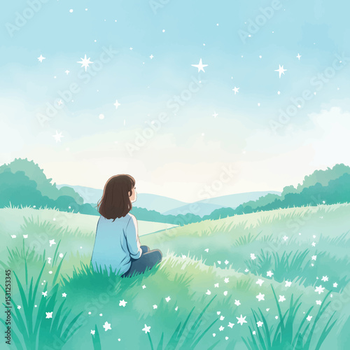 Girl sitting peacefully on grassy field under starry sky
