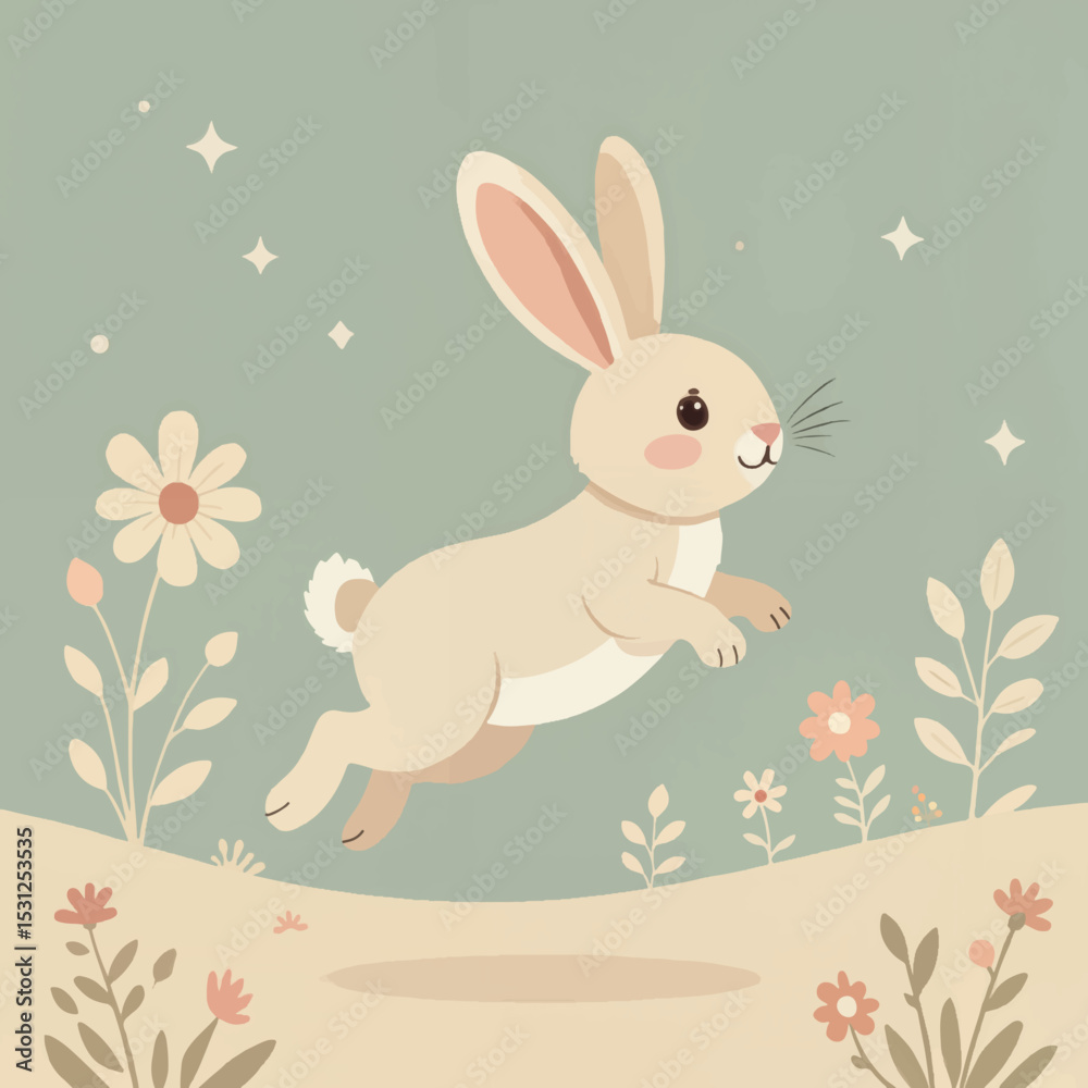 Fototapeta premium Jumping rabbit in a floral landscape