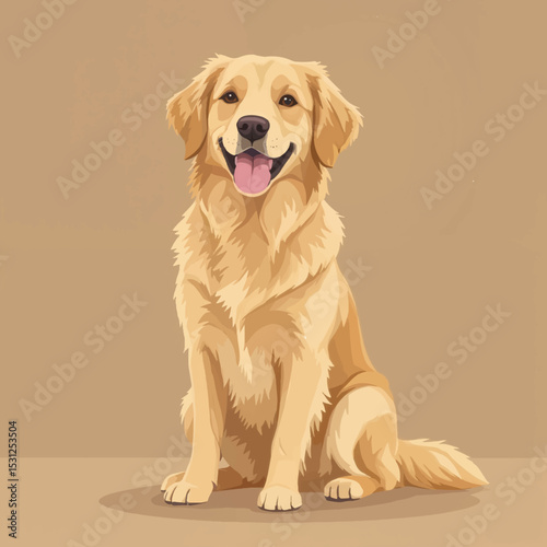 Golden retriever sitting happily against a beige background