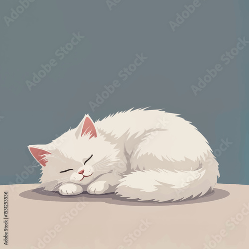 Sleeping white cat curled up on a light background