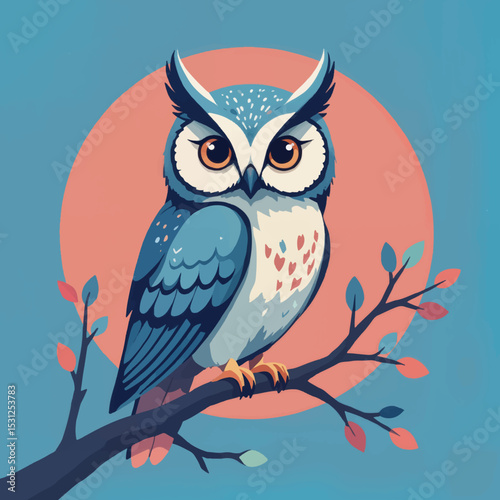 Stylized owl perched on a branch with a colorful background