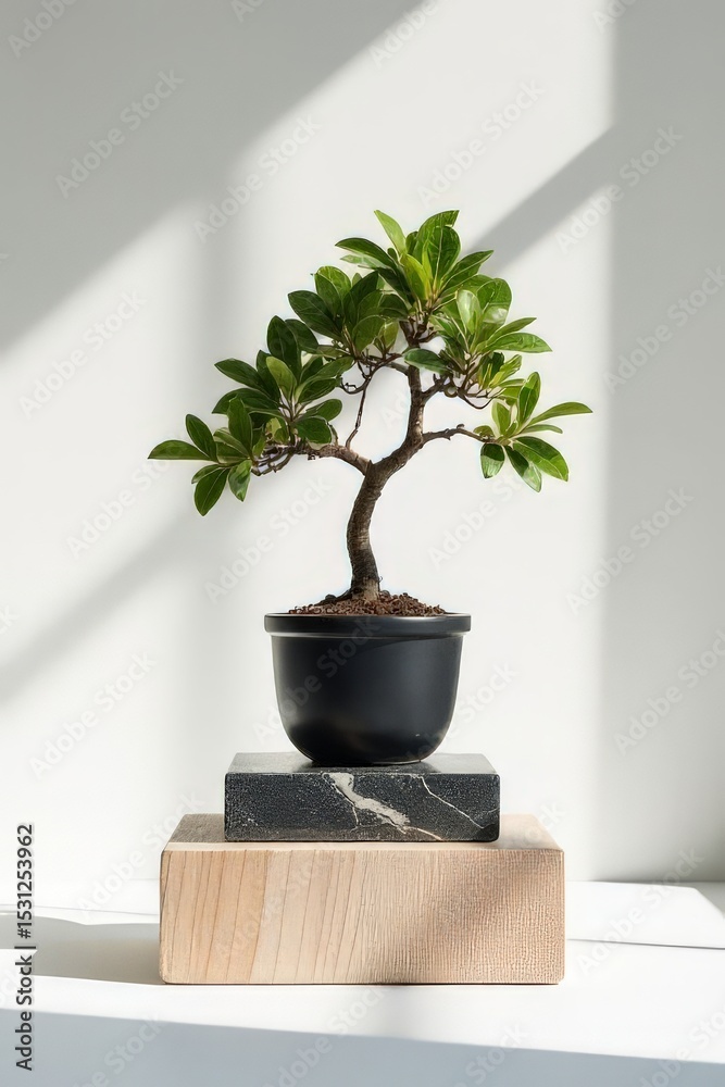 Minimalist Bonsai Tree on Stone and Wood Stand Minimalist Bonsai Tree on Stone and Wood Stand