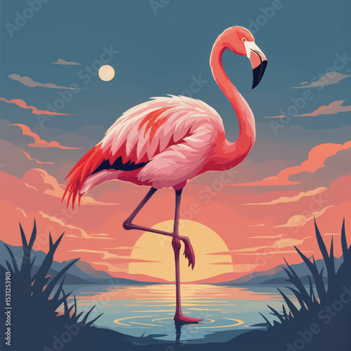 Flamingo standing by a lake at sunset
