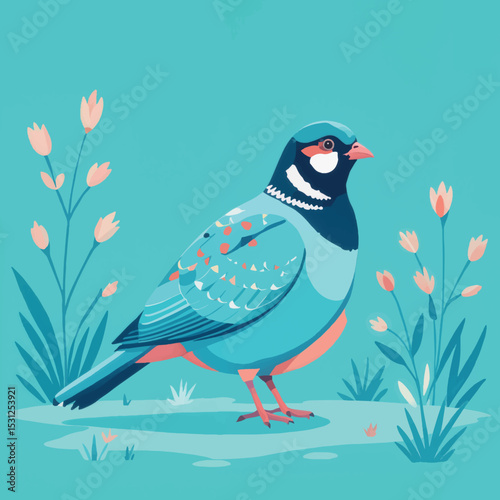 Illustration of a colorful bird standing among flowers