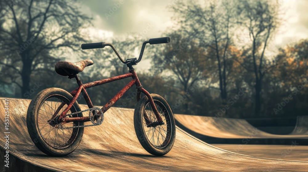 Fototapeta premium Rusty BMX Bike at Skatepark, Autumn Day