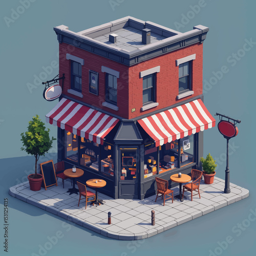 Street view of a cozy café building with outdoor seating