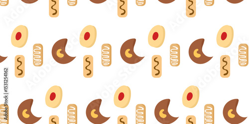 Cookies pattern background.  illustration with biscuit and oatmeal cookies. cartoon elements isolated on monochrome background.