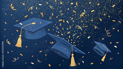 Graduation celebration with confetti rain and academic success representing new beginnings with blue hats and golden