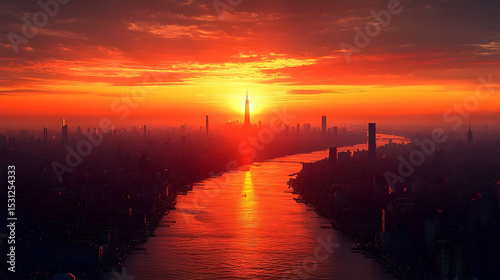 City skyline and river at sunset