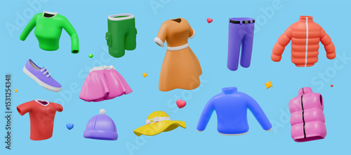3D fashion. Clothing and shoes. Female render outfit. Fashionable dress or skirt. Colorful male apparel. T-shirt with shorts. Realistic store wear. Stylish exhibition. Vector clothes set