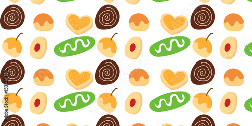 Cookies pattern background.  illustration with biscuit and oatmeal cookies. cartoon elements isolated on monochrome background.
