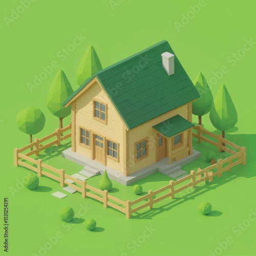 3D illustration of a cozy house with fence and trees