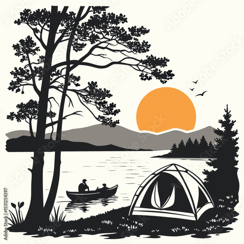 Lakeside Camping Serenity: An idyllic scene unfolds with a tent nestled by a tranquil lake at sunset, a rowboat with figures glides by, all set against a backdrop of majestic mountains and tall trees.