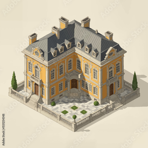 Elegant mansion with garden in detailed illustration