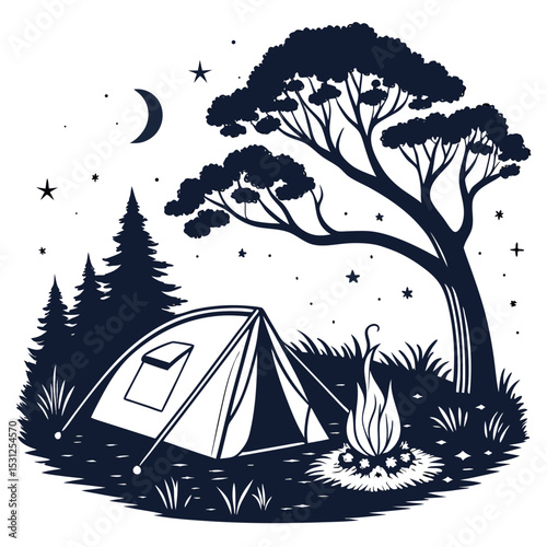 Starry Night Camping: A serene illustration depicts a cozy camping scene under a star-studded night sky, a tent and campfire nestled beneath trees, evoking tranquility and adventure.