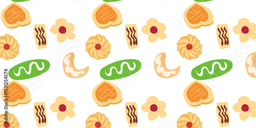 Cookies pattern background.  illustration with biscuit and oatmeal cookies. cartoon elements isolated on monochrome background.