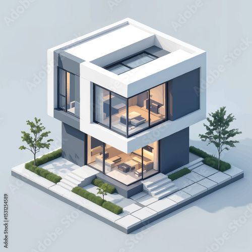 Modern house design with large windows and landscaped gardens