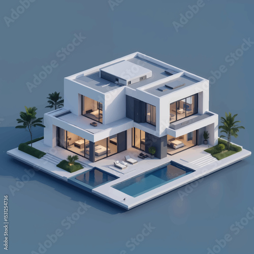 Modern villa with pool and palm trees in stylish design