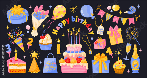 Birthday stickers. Happy party cake with candles, gift card or holiday invitation with confetti and dessert. Event celebration. Flags or light garlands, carnival balloons. Vector illustration