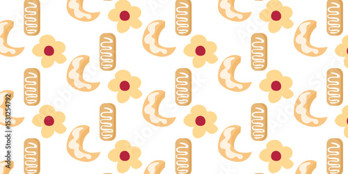 Cookies pattern background.  illustration with biscuit and oatmeal cookies. cartoon elements isolated on monochrome background.