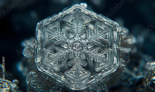 A macro shot of a single, intricate snowflake on a blueish backdrop, showing its complex crystalline structure