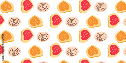 Cookies pattern background.  illustration with biscuit and oatmeal cookies. cartoon elements isolated on monochrome background.