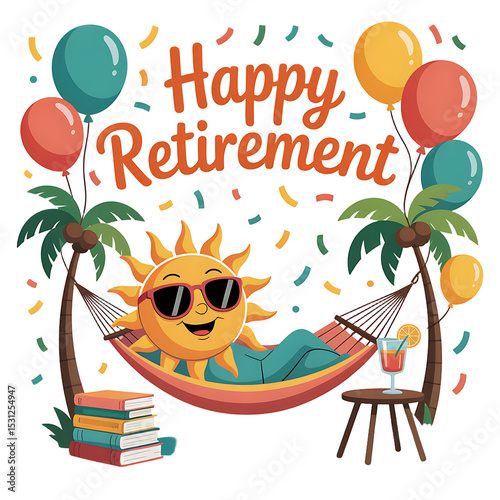 Happy Retirement Illustration with Relaxing Sun, Balloons, and Palm Trees – Transparent PNG
