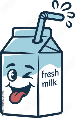 Cheerful cartoon milk carton character with winking eye and straw showing fresh deliciousness.