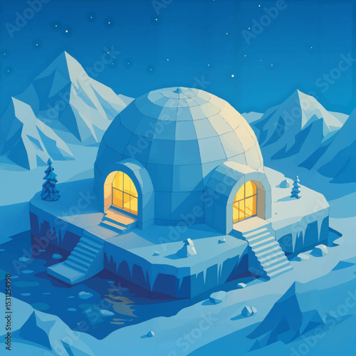 Igloo in winter landscape under starry night sky