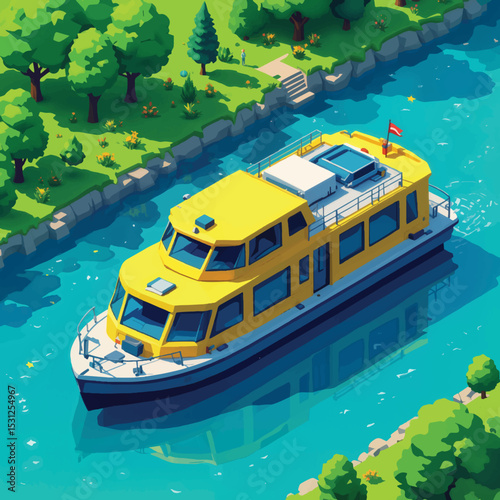 Yellow boat sailing on blue water with lush green trees