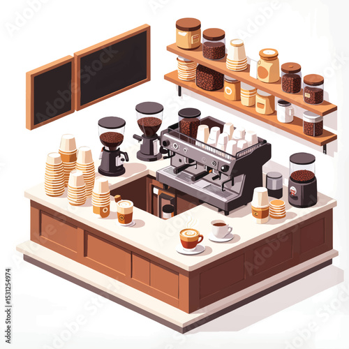 Coffee shop counter with espresso machine and accessories