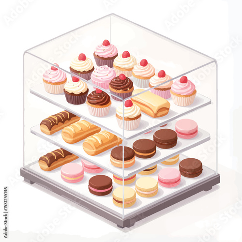 Colorful pastry display case filled with assorted desserts