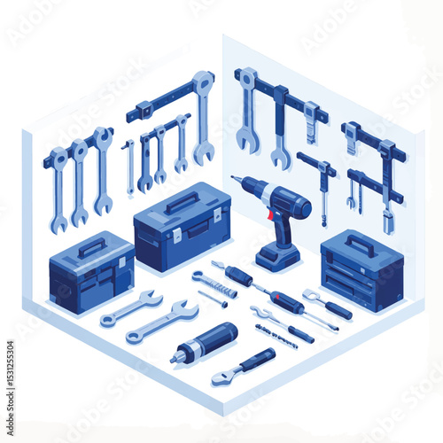 Toolbox with various tools in blue isometric style