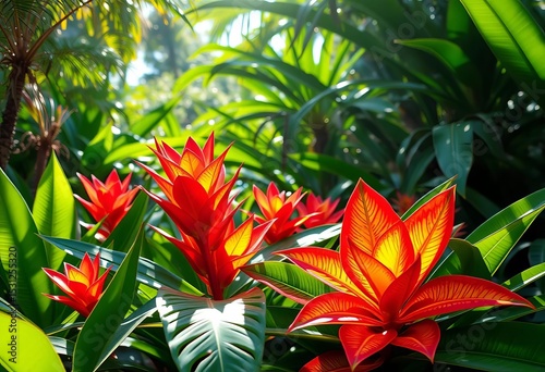 Vibrant bromeliads in dappled sunlight, lush tropical foliage, colorful, shade