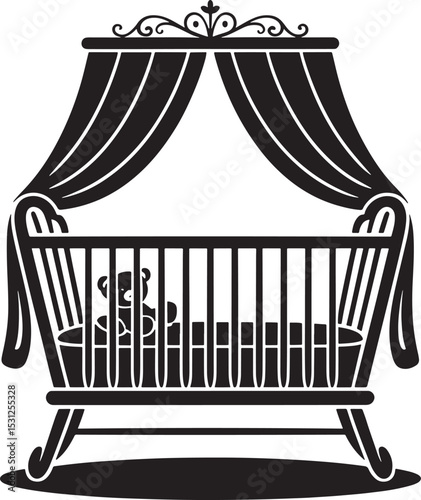 Elegant silhouette illustration of a baby cradle with canopy and teddy bear inside