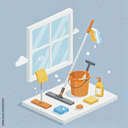 Cleaning tools and supplies against a blue background