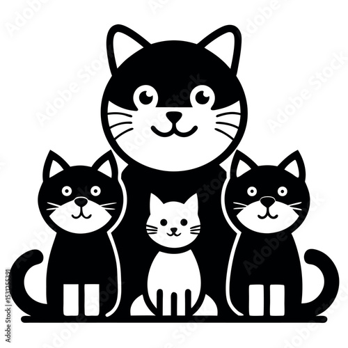 Cute Cat Family Vector Icon - Black and White Mother Cat with Kittens Clipart Illustration