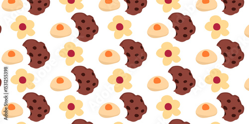 Cookies pattern background.  illustration with biscuit and oatmeal cookies. cartoon elements isolated on monochrome background.
