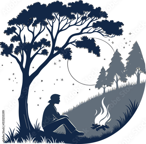 Solitude under the stars: A solitary figure sits beneath a sprawling tree, contemplating the night sky with a gentle fire and peaceful scenery in a unique illustration.