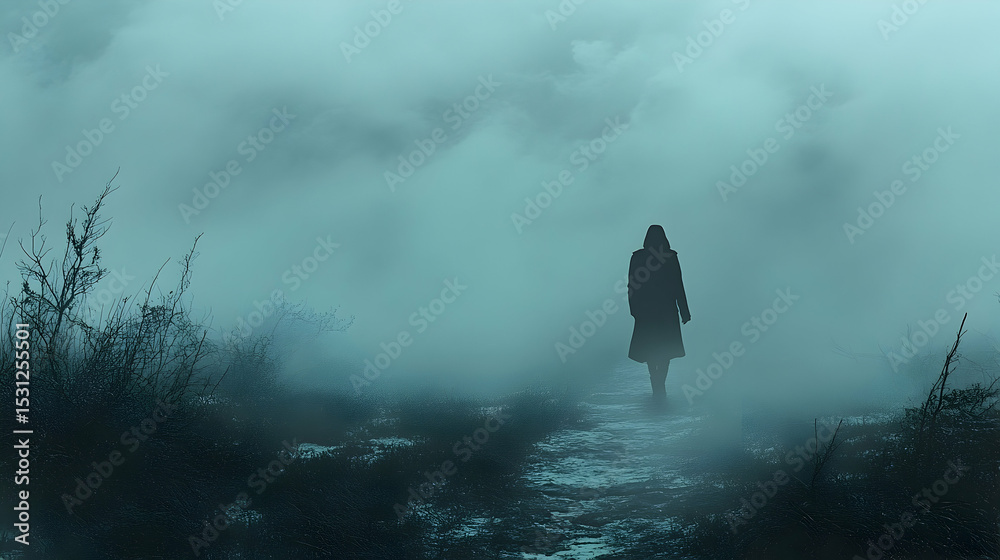 Obraz premium A woman walks alone through a misty landscape.