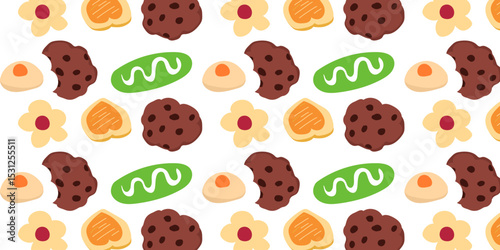 Cookies pattern background.  illustration with biscuit and oatmeal cookies. cartoon elements isolated on monochrome background.