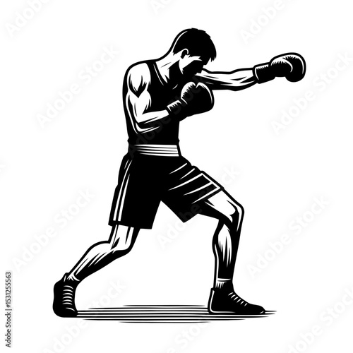 Powerful Boxer Silhouette: A Champion's Punch. Dynamic vector illustration of a boxer in action, showcasing strength and athleticism.