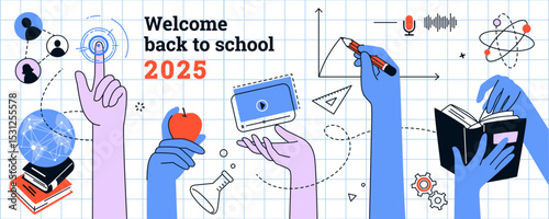 Online school. Training courses icon, online webinar or science lessons, hands hold books, banner deign. Abstract background knowledge symbols, university study. Vector poster students welcome