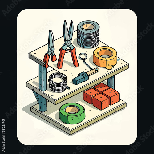 Artistic shelf with tools and materials