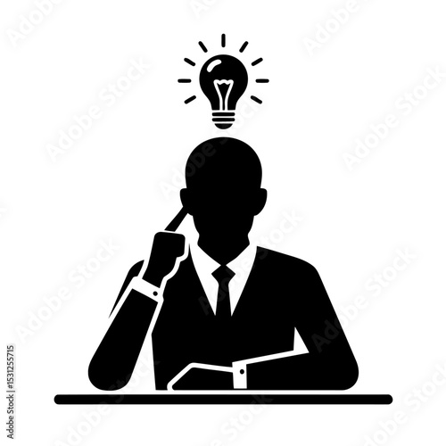 Business Idea: Innovation, Creativity and Problem Solving Concept. A businessman is thinking and has a lightbulb above his head.