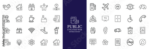 Public utilities web icons line set. Public Utilities Water, Fuel, Electricity, gas, garage, Solar House, Rent receipt, Maintainence, and More vector illustration